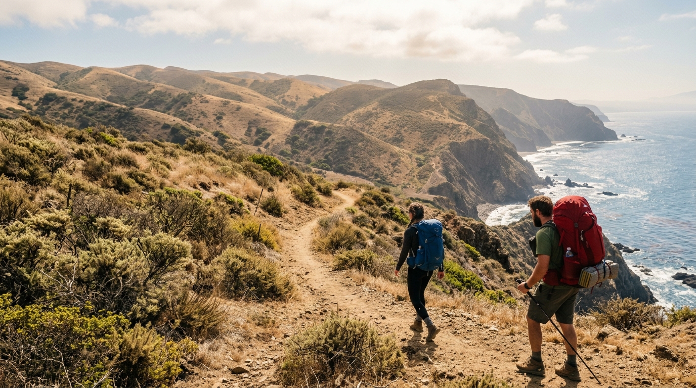 Backpackers hiking across Santa Cruz Island California
