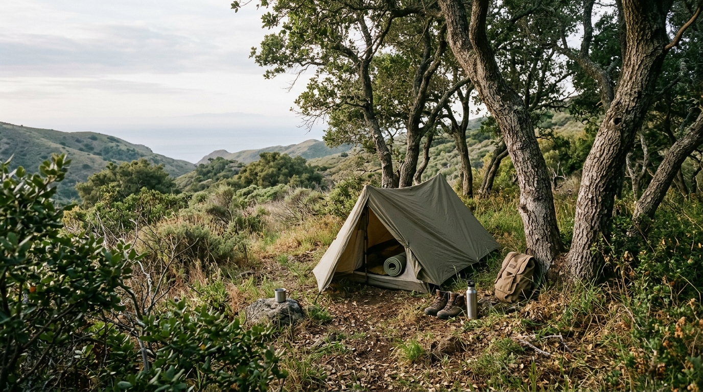 Primitive campground in oak woodland on Santa Cruz Island