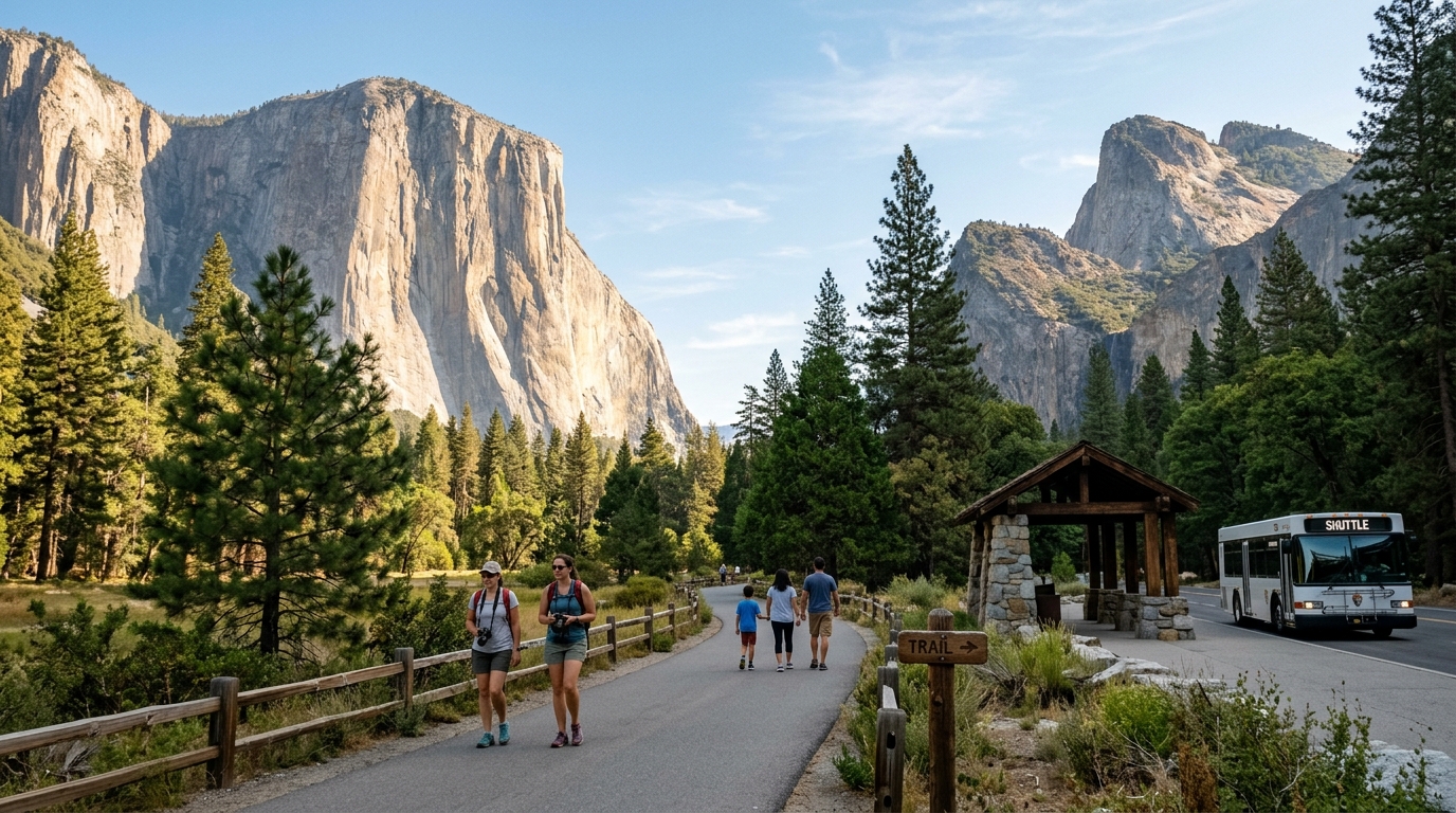 Visitors exploring Yosemite Valley in California